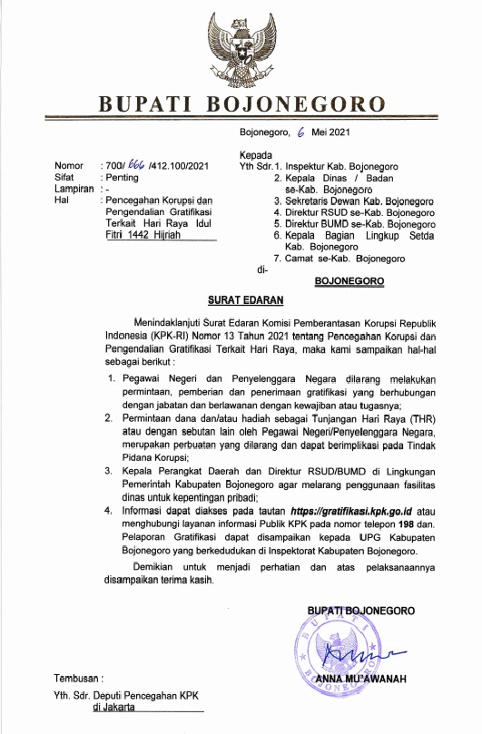 SE BUPATI BOJONEGORO Pencegahan Korupsi  dan Pengendalian Gratifikasi